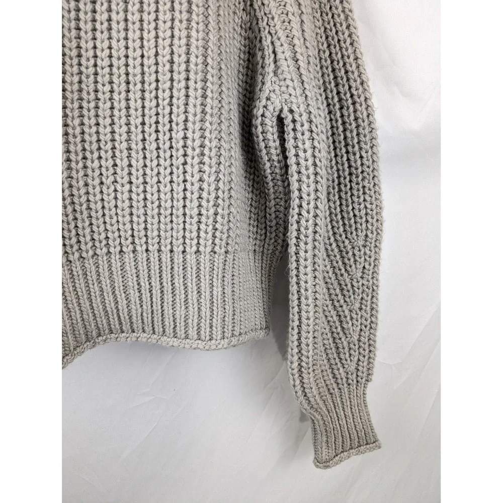 Ribbed Chunky Knit Wool Mock Neck Sweater Gray Size L Pullover Fisherman Relaxed